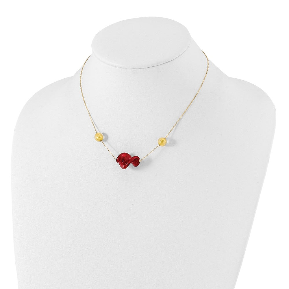 14K Yellow Gold 14Ky Red & Murano Glass Bead Necklace