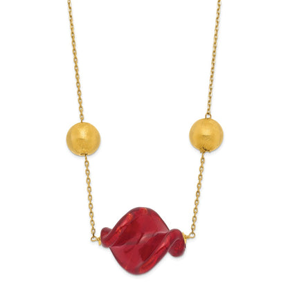 14K Yellow Gold 14Ky Red & Murano Glass Bead Necklace