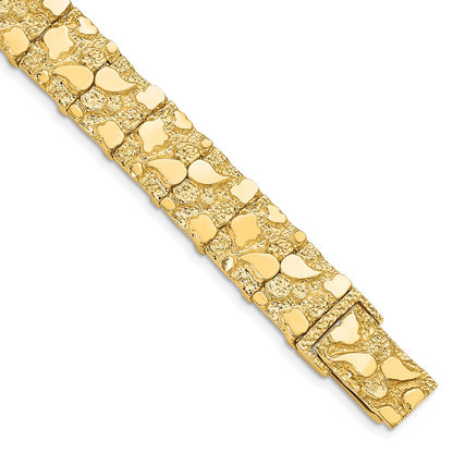 14K Yellow Gold Polished And Textured 12.50mm 8 Inch Nugget Bracelet