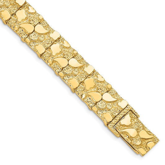 14K Yellow Gold Polished And Textured 12.50mm 8 Inch Nugget Bracelet