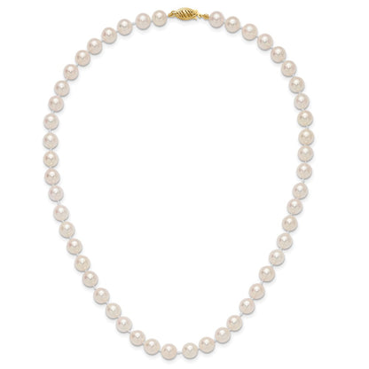 14K Yellow Gold 7 8mm White Round Akoya Saltwater Cultured Pearl 16 Inch Necklace