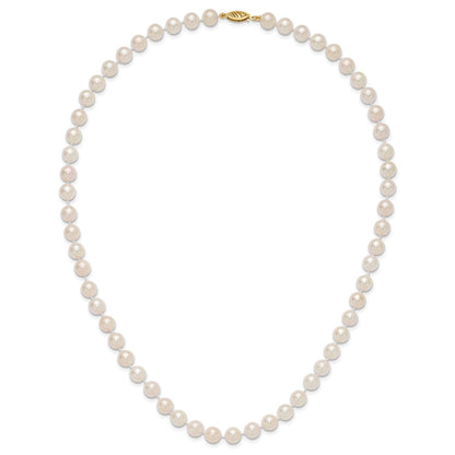 14K Yellow Gold 7 8mm White Round Akoya Saltwater Cultured Pearl 20 Inch Necklace