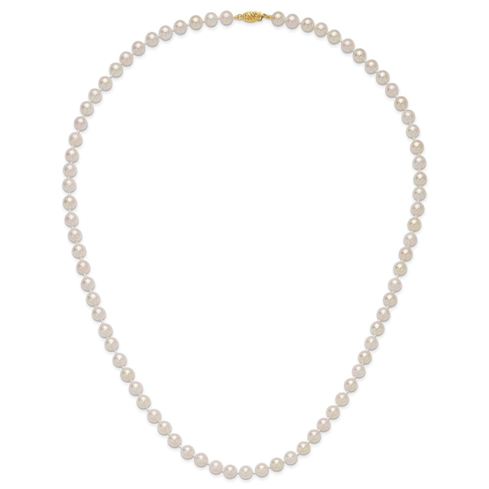 14K Yellow Gold 7 8mm White Round Akoya Saltwater Cultured Pearl 24 Inch Necklace