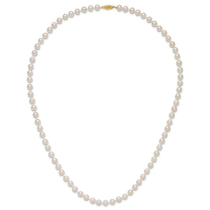 14K Yellow Gold 7 8mm White Round Akoya Saltwater Cultured Pearl 24 Inch Necklace