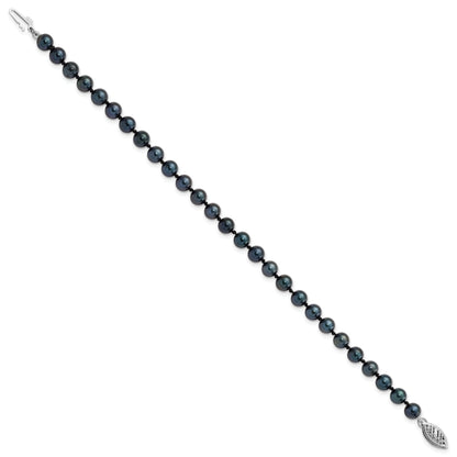 14K White Gold 5 6mm Black Round Akoya Saltwater Cultured Pearl 7 Inch Bracelet