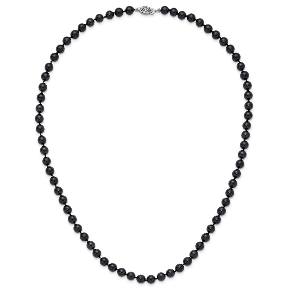 14K White Gold 6 7mm Black Round Akoya Saltwater Cultured Pearl 24 Inch Necklace