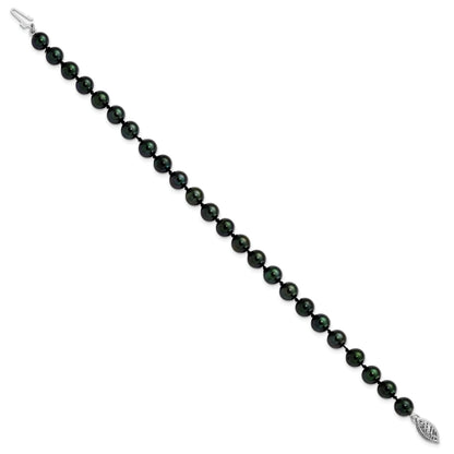 14K White Gold 6 7mm Black Round Akoya Saltwater Cultured Pearl 7 Inch Bracelet