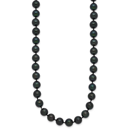 14K White Gold 7 8mm Black Round Akoya Saltwater Cultured Pearl 24 Inch Necklace