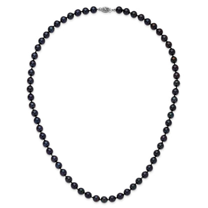 14K White Gold 7 8mm Black Round Akoya Saltwater Cultured Pearl 20 Inch Necklace
