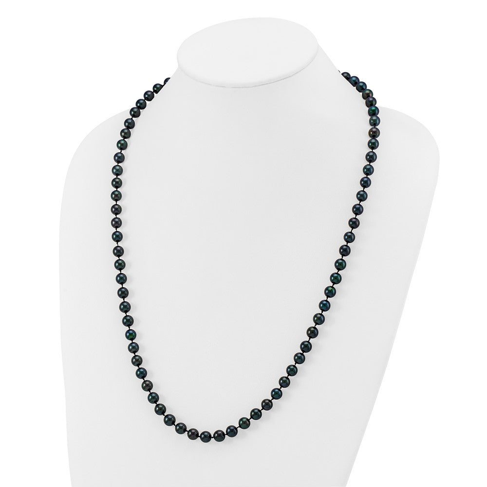 14K White Gold 7 8mm Black Round Akoya Saltwater Cultured Pearl 24 Inch Necklace