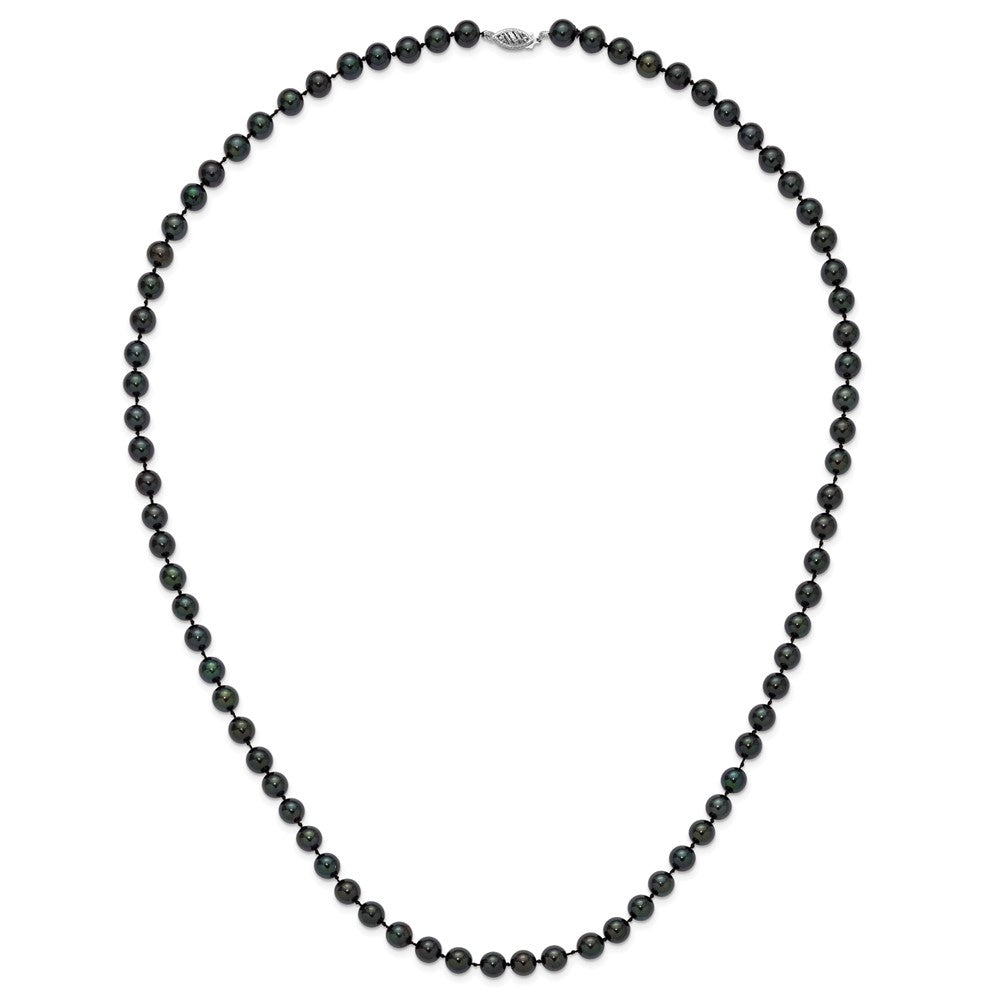 14K White Gold 7 8mm Black Round Akoya Saltwater Cultured Pearl 24 Inch Necklace