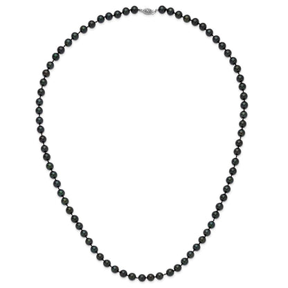 14K White Gold 7 8mm Black Round Akoya Saltwater Cultured Pearl 24 Inch Necklace