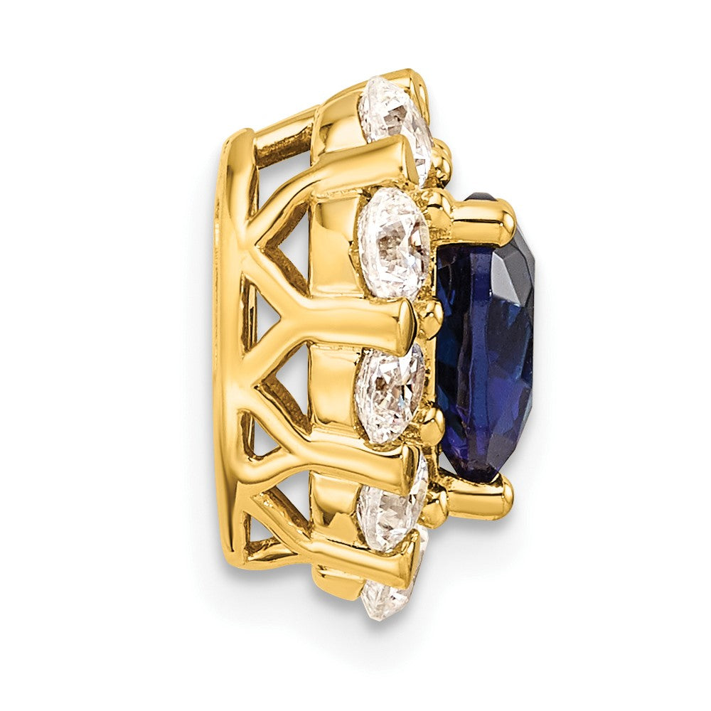 14k Yellow Gold 1 Ct. Lab Grown Diamond VS/SI+ G+ and Lab Created Blue Sapphire Heart Halo Chain Slide Pendant