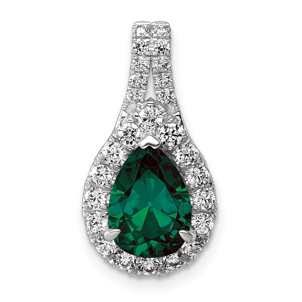 14k White Gold 14KW Lab Grown VS/SI FGH Diamond and Created Emerald Pear Pendant