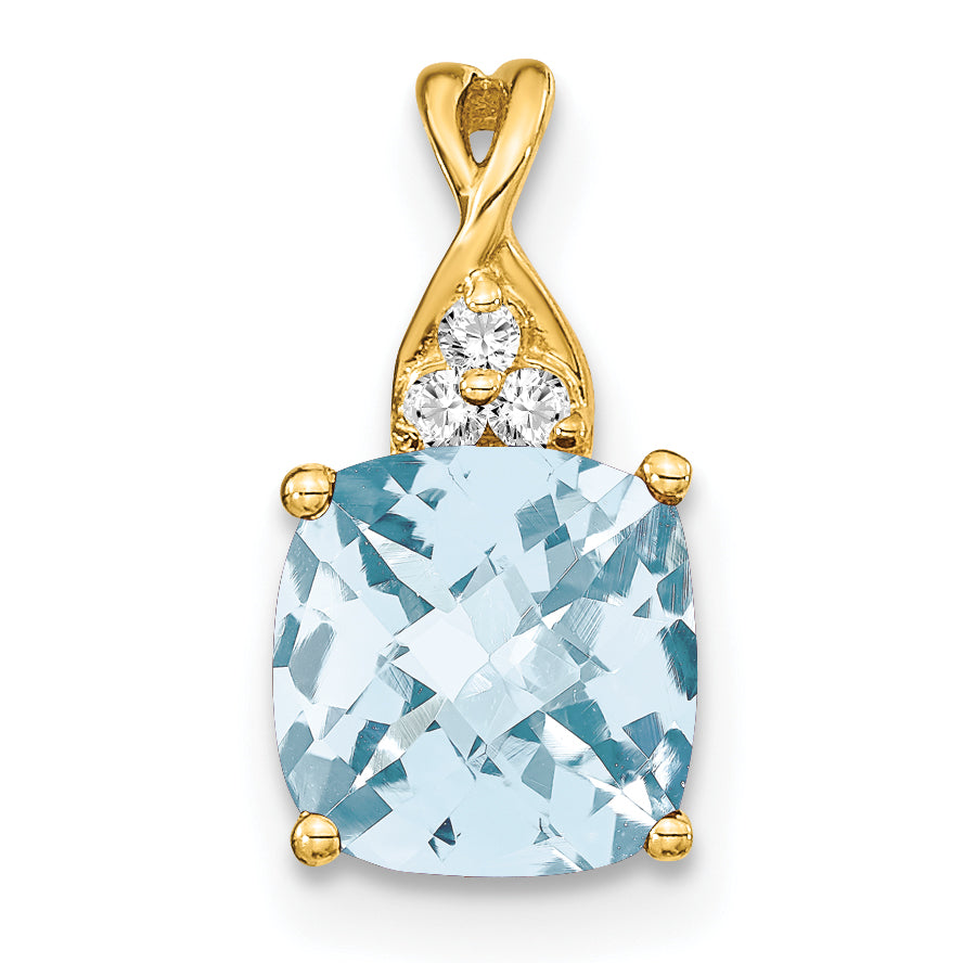 10K Yellow Gold Checkerboard Aquamarine And Diamond Pendant