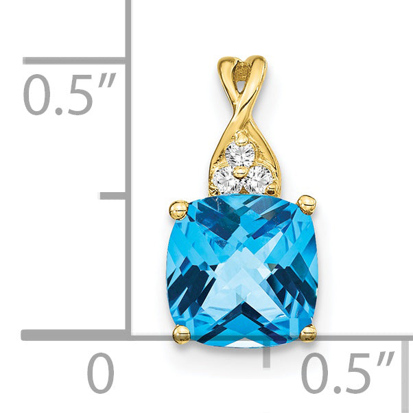 10K Yellow Gold Checkerboard Blue Topaz And Diamond Pendant