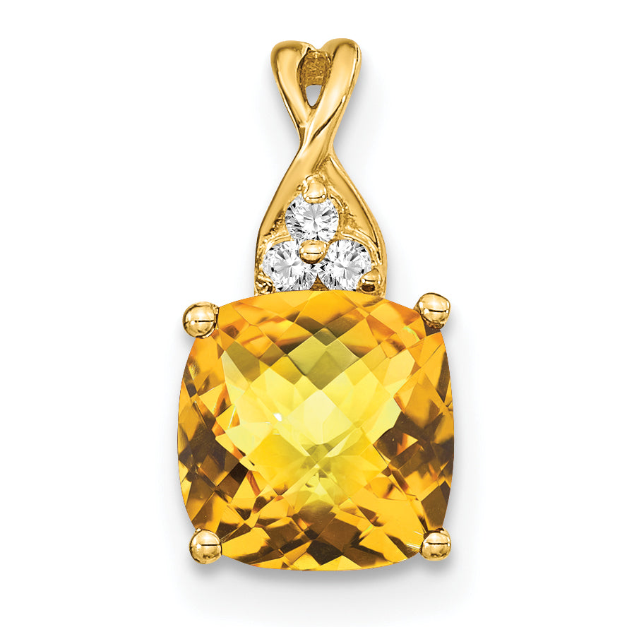 10K Yellow Gold Checkerboard Citrine And Diamond Pendant