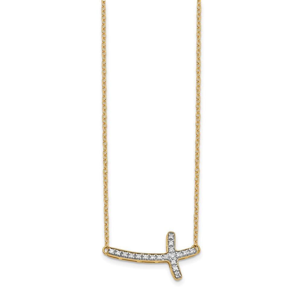 14K Yellow Gold Real Diamond Sideways Cross 18in Necklace
