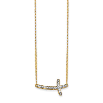 14K Yellow Gold Real Diamond Sideways Cross 18in Necklace