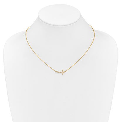 14K Yellow Gold Real Diamond Sideways Cross 18in Necklace