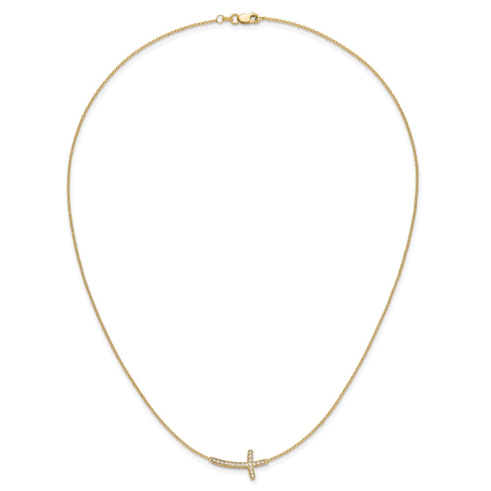 14K Yellow Gold Real Diamond Sideways Cross 18in Necklace