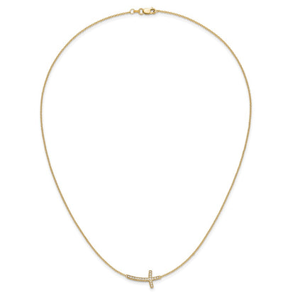 14K Yellow Gold Real Diamond Sideways Cross 18in Necklace