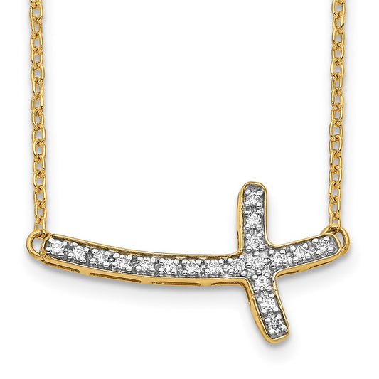 14K Yellow Gold Real Diamond Sideways Cross 18in Necklace
