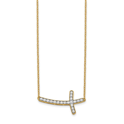 14K Yellow Gold Real Diamond Sideways Cross 18in Necklace