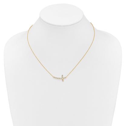 14K Yellow Gold Real Diamond Sideways Cross 18in Necklace
