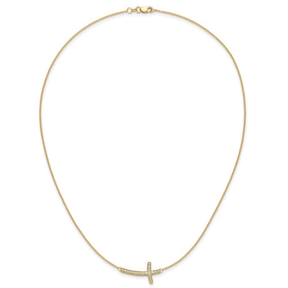 14K Yellow Gold Real Diamond Sideways Cross 18in Necklace