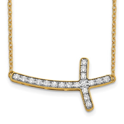 14K Yellow Gold Real Diamond Sideways Cross 18in Necklace