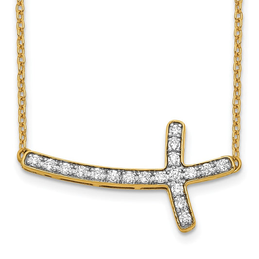 14K Yellow Gold Real Diamond Sideways Cross 18in Necklace