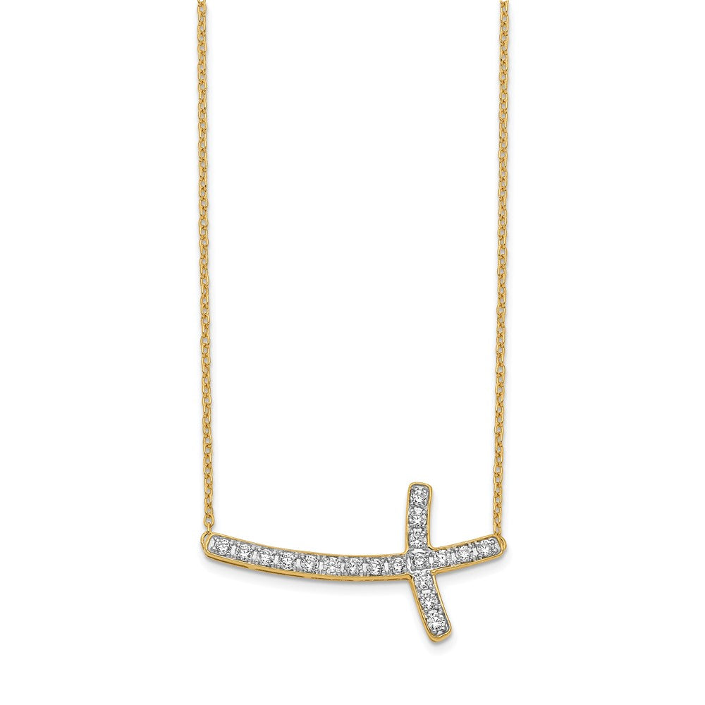14K Yellow Gold Real Diamond Sideways Cross 18in Necklace