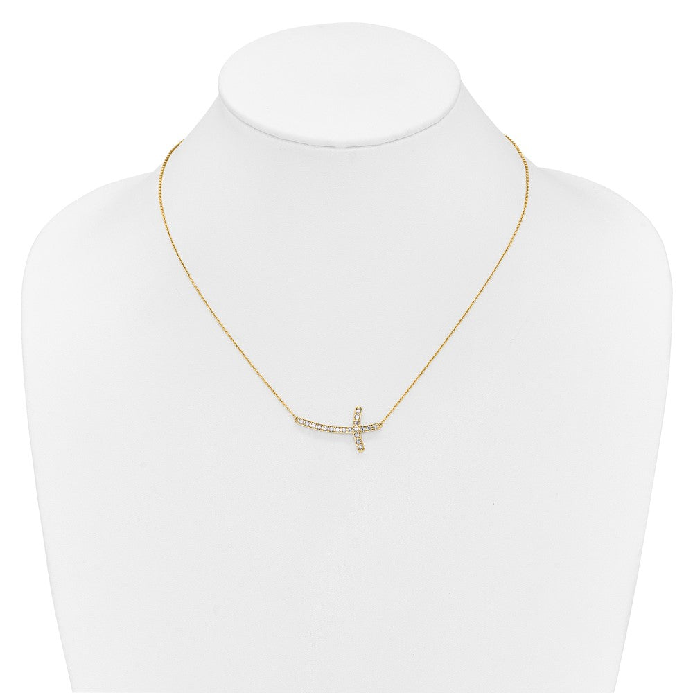 14K Yellow Gold Real Diamond Sideways Cross 18in Necklace