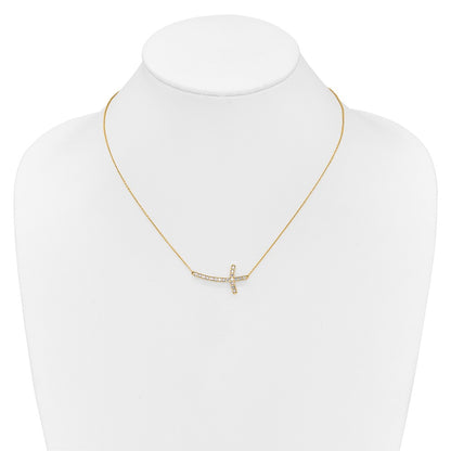 14K Yellow Gold Real Diamond Sideways Cross 18in Necklace