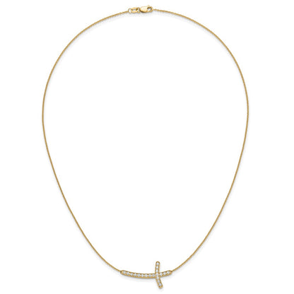 14K Yellow Gold Real Diamond Sideways Cross 18in Necklace