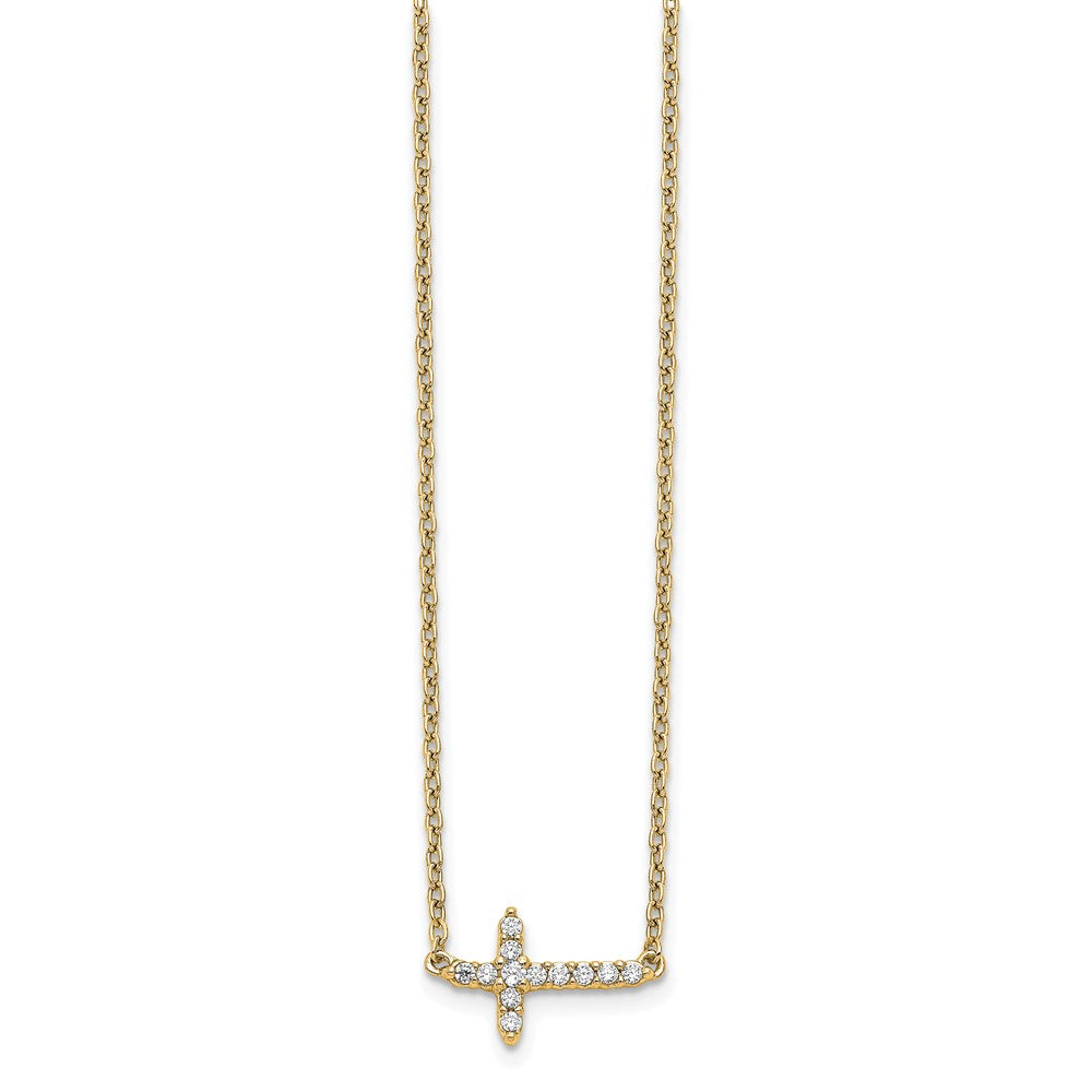 14K Yellow Gold Real Diamond Sideways Cross 18in Necklace