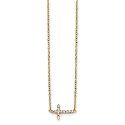14K Yellow Gold Real Diamond Sideways Cross 18in Necklace