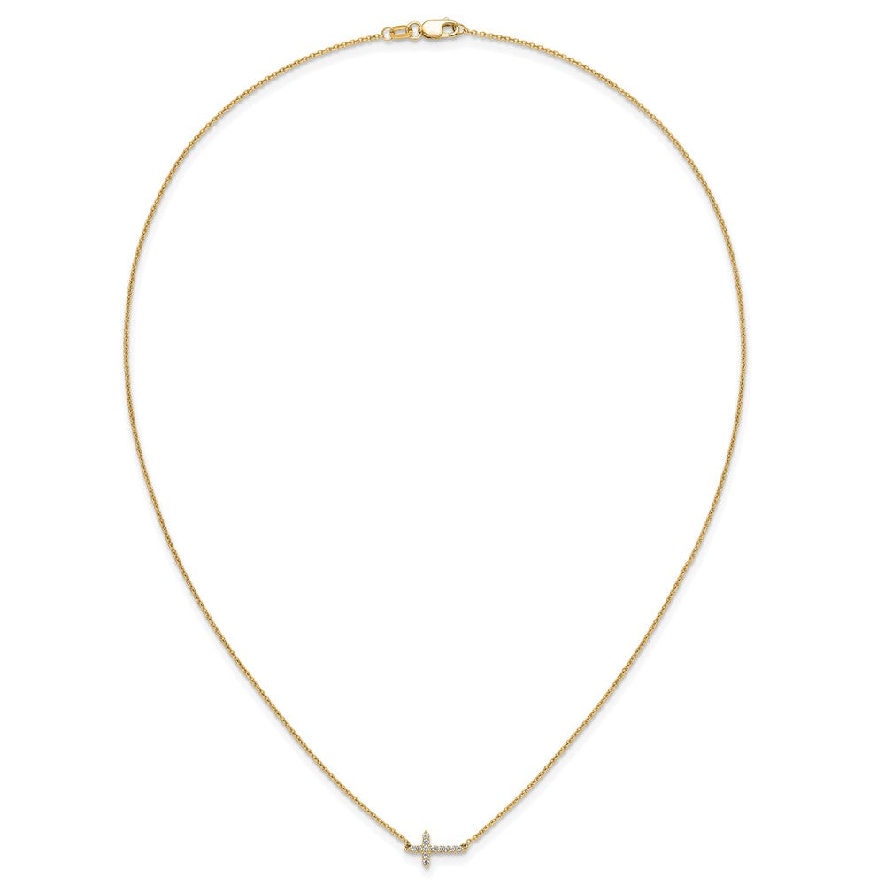 14K Yellow Gold Real Diamond Sideways Cross 18in Necklace