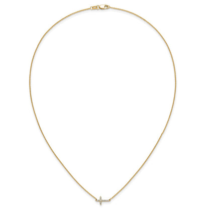 14K Yellow Gold Real Diamond Sideways Cross 18in Necklace