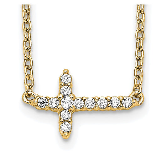14K Yellow Gold Real Diamond Sideways Cross 18in Necklace