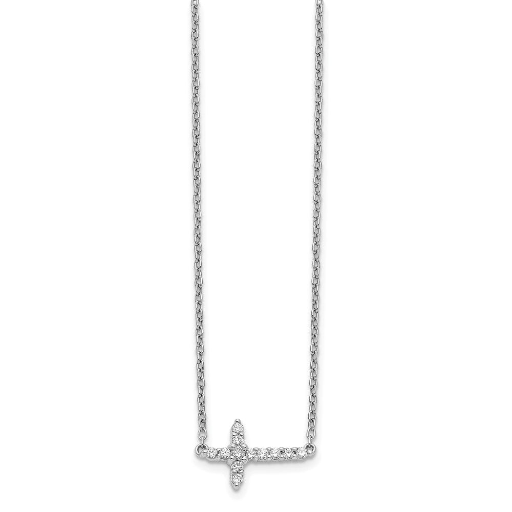 14k White Gold Real Diamond Sideways Cross 18in Necklace