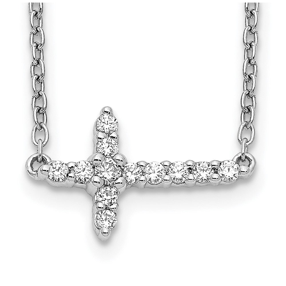 14k White Gold Real Diamond Sideways Cross 18in Necklace