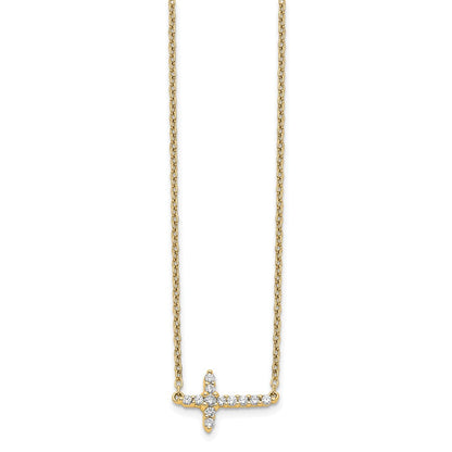 14K Yellow Gold Real Diamond Sideways Cross 18in Necklace