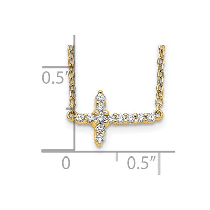 14K Yellow Gold Real Diamond Sideways Cross 18in Necklace
