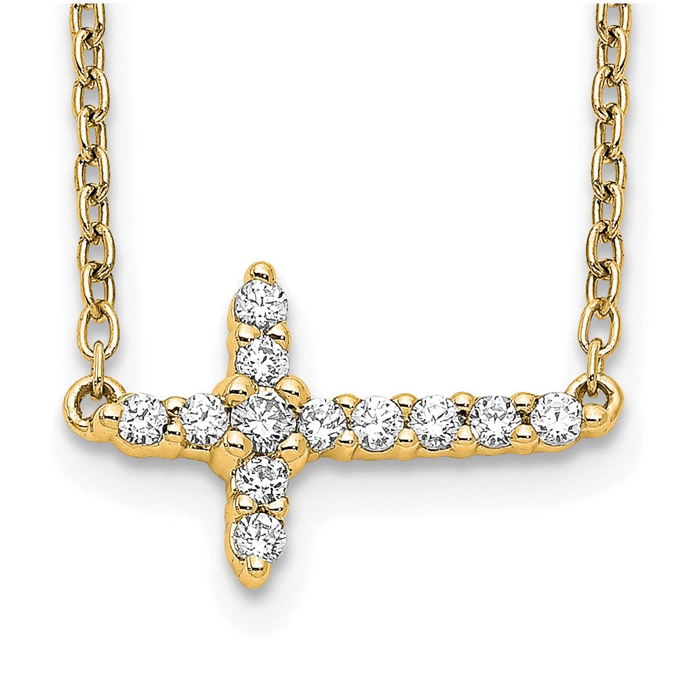 14K Yellow Gold Real Diamond Sideways Cross 18in Necklace