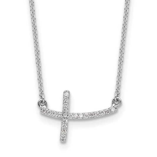 14k White Gold Real Diamond Sideways Cross 18 in. Necklace