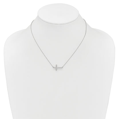 14k White Gold Real Diamond Sideways Cross 18in Necklace