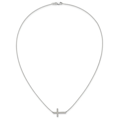 14k White Gold Real Diamond Sideways Cross 18in Necklace