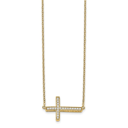 14K Yellow Gold Real Diamond Sideways Cross 18in Necklace